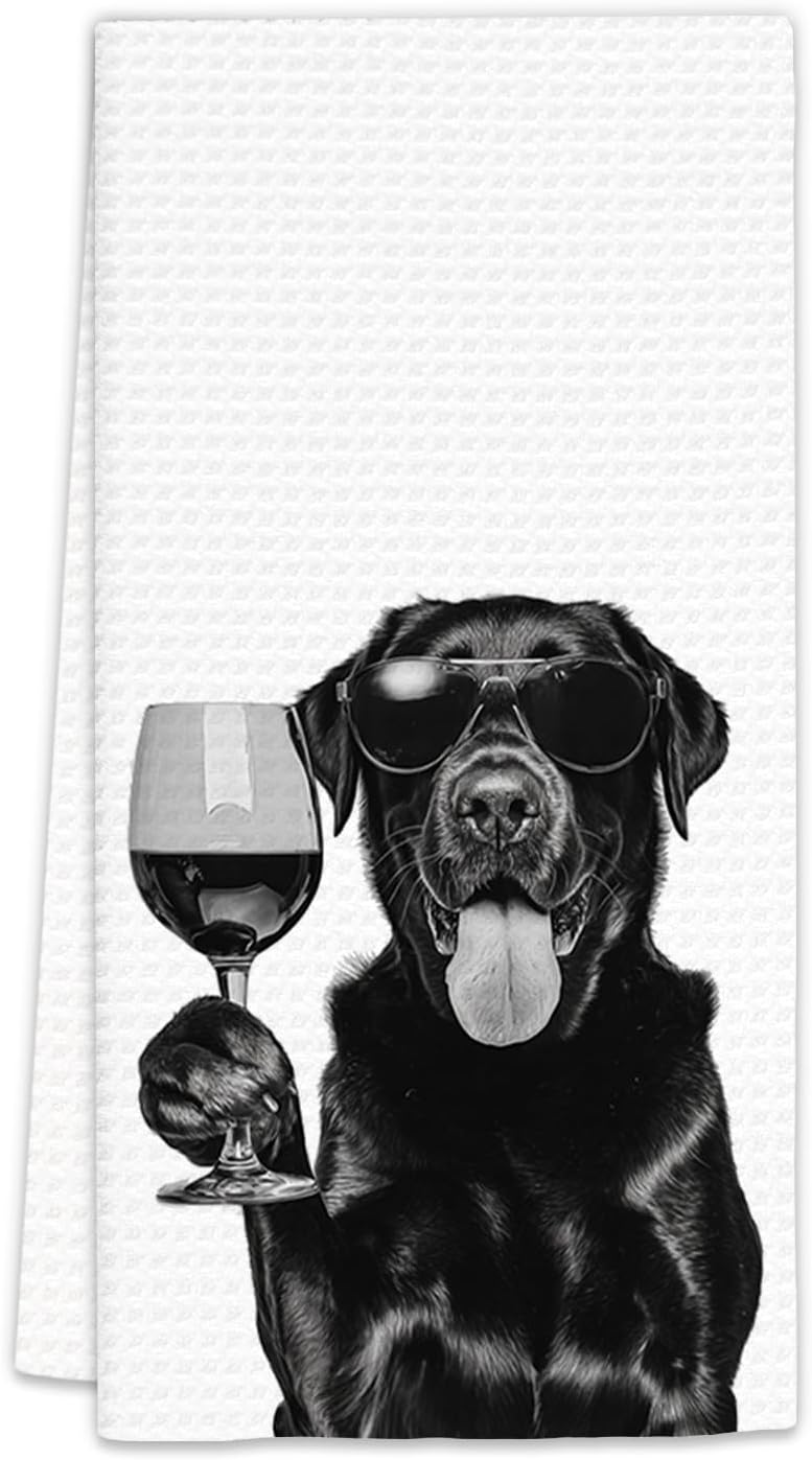 FIicy Black Lab Gifts Wine Dog Kitchen Towels, Gifts for Labrador Retriever Wine Lovers Decorative Hand Dish Towel for Kitchen Home Bar, Black Labrador Retriever Gift Home Bar Decor(16x24Inch) - Image 1